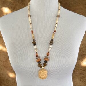 Vintage Carved Bone Ram Pendant Necklace Tribal Ethnic Beaded Statement